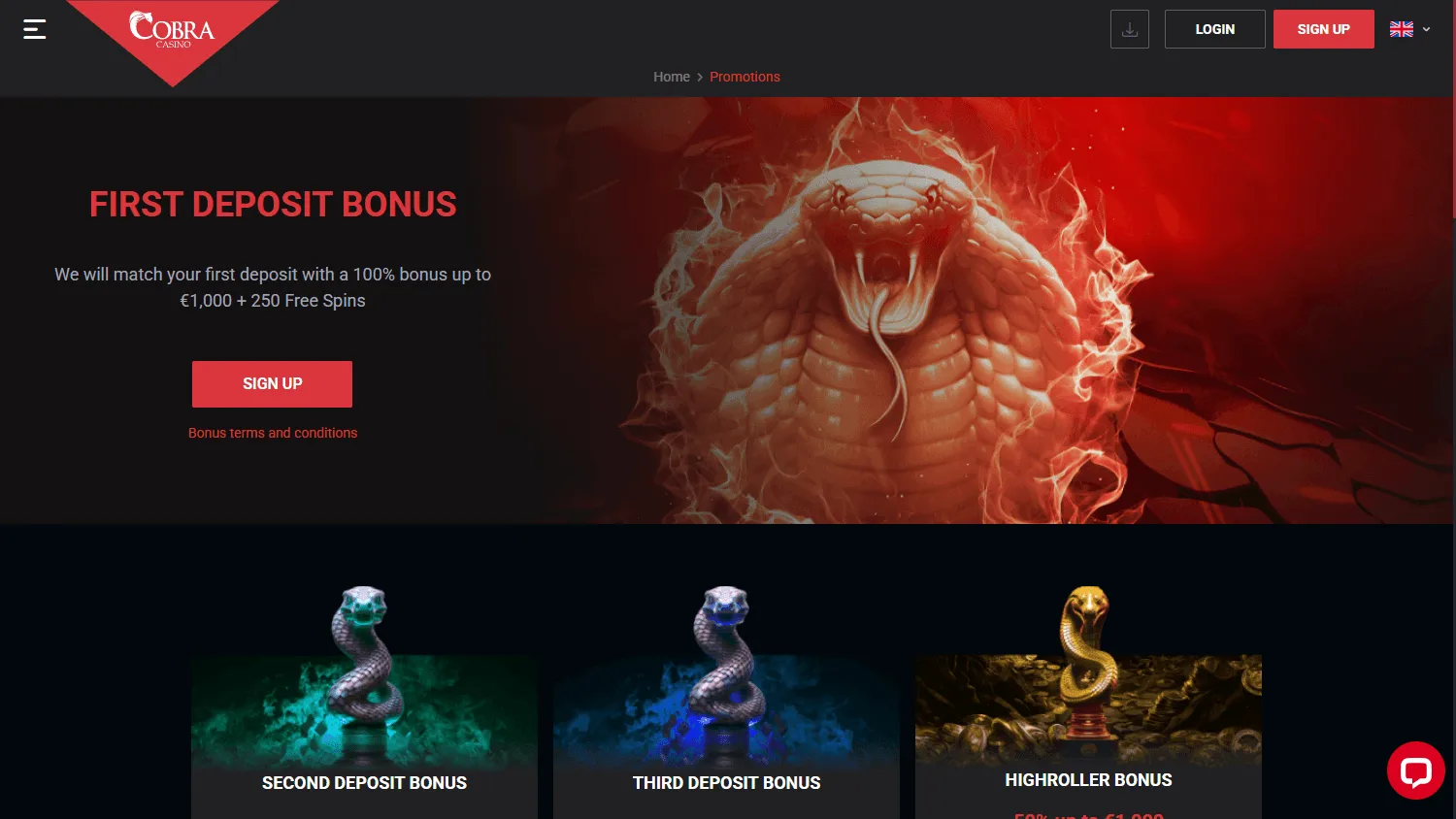 Cobra Casino desktop promotions area with welcome and reload offers