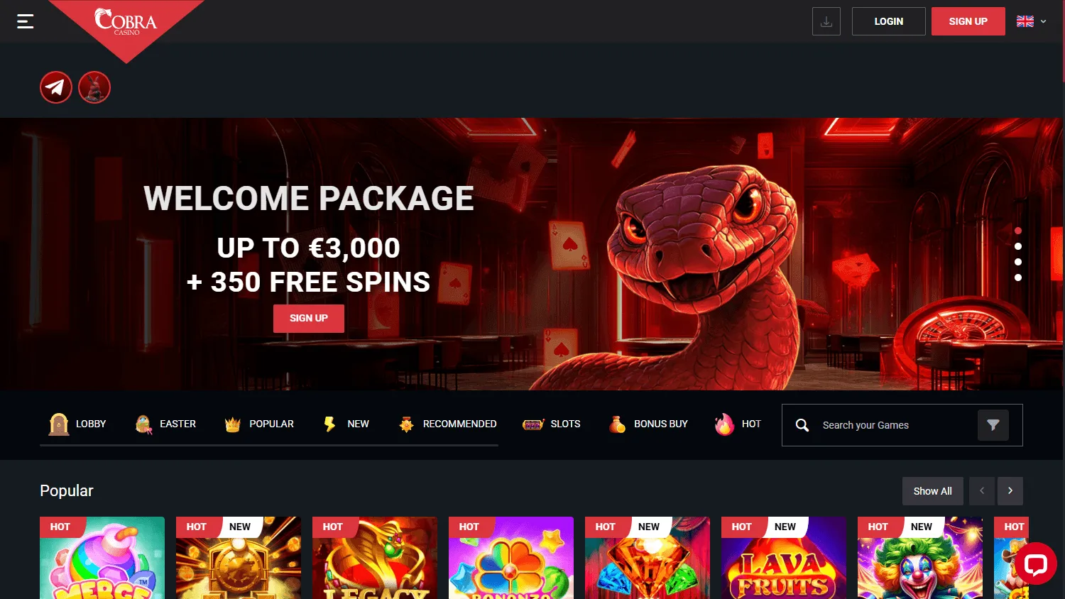 Cobra Casino desktop home screen with casino categories and welcome offer