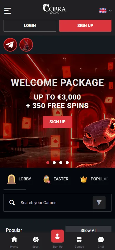 Cobra Casino mobile home screen with casino access and account options