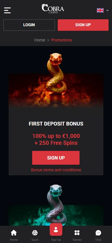Cobra Casino mobile promotions area with welcome package and free spins