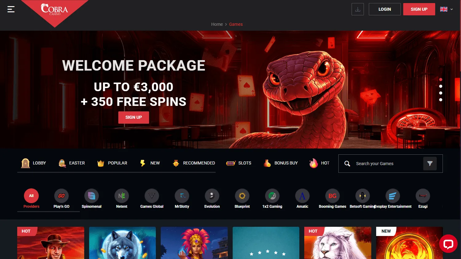 Cobra Casino desktop games area with slots and live casino choices