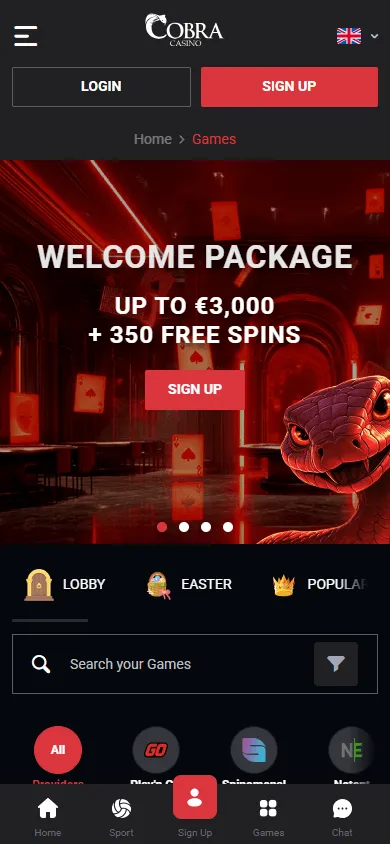 Cobra Casino mobile games area with slots and live casino categories
